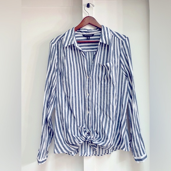 Zac & Rachel tie front linen blend striped button down shirt ๐ Size XL - Picture 1 of 4